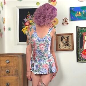 Vintage Pink & Purple Satin Nightie, 1980s Floral Micro Mini Lingerie Sz S
